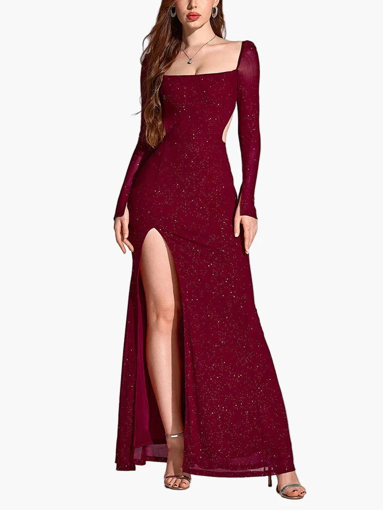Damen Abendkleid mit Schlitz und Glitzer – Elegantes Maxikleid für festliche Anlässe