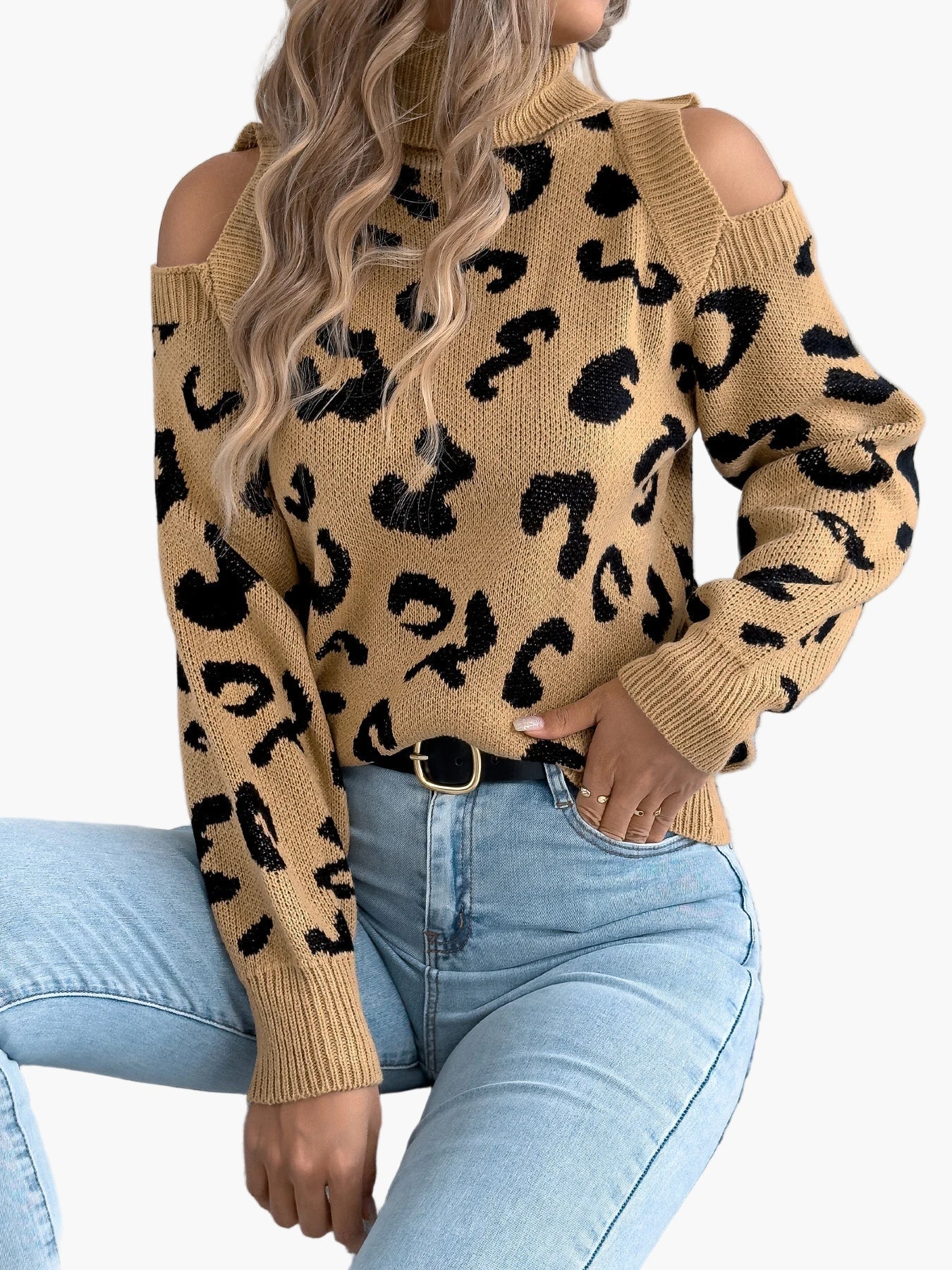 Damen Pullover mit Cut-Out Schultern und Leopardenmuster – Trendiger Freizeit-Strickpullover