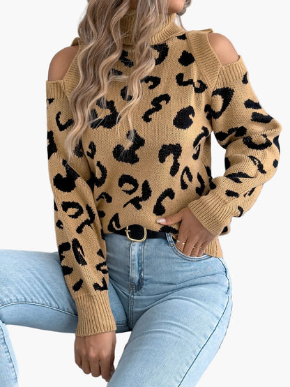 Damen Pullover mit Cut-Out Schultern und Leopardenmuster – Trendiger Freizeit-Strickpullover