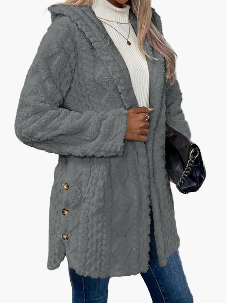 Damen Kuscheljacke mit Kapuze und Knopfdetails – Modischer Wintermantel für Alltag und Freizeit