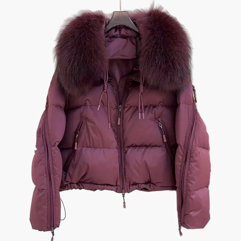 Damen Winter Steppjacke mit Kapuze und luxuriösem Pelzkragen – Stilvolle Kurzjacke für kalte Tage