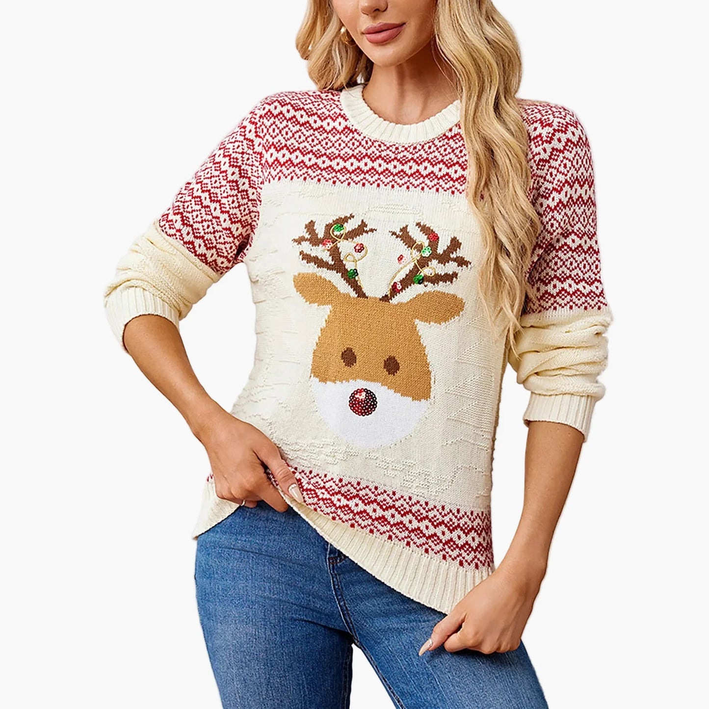 Damen Weihnachtspullover Rundhals Langarm Winter Festlich Norwegerstil