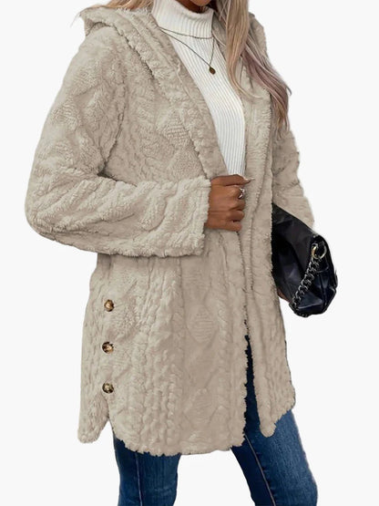 Damen Kuscheljacke mit Kapuze und Knopfdetails – Modischer Wintermantel für Alltag und Freizeit