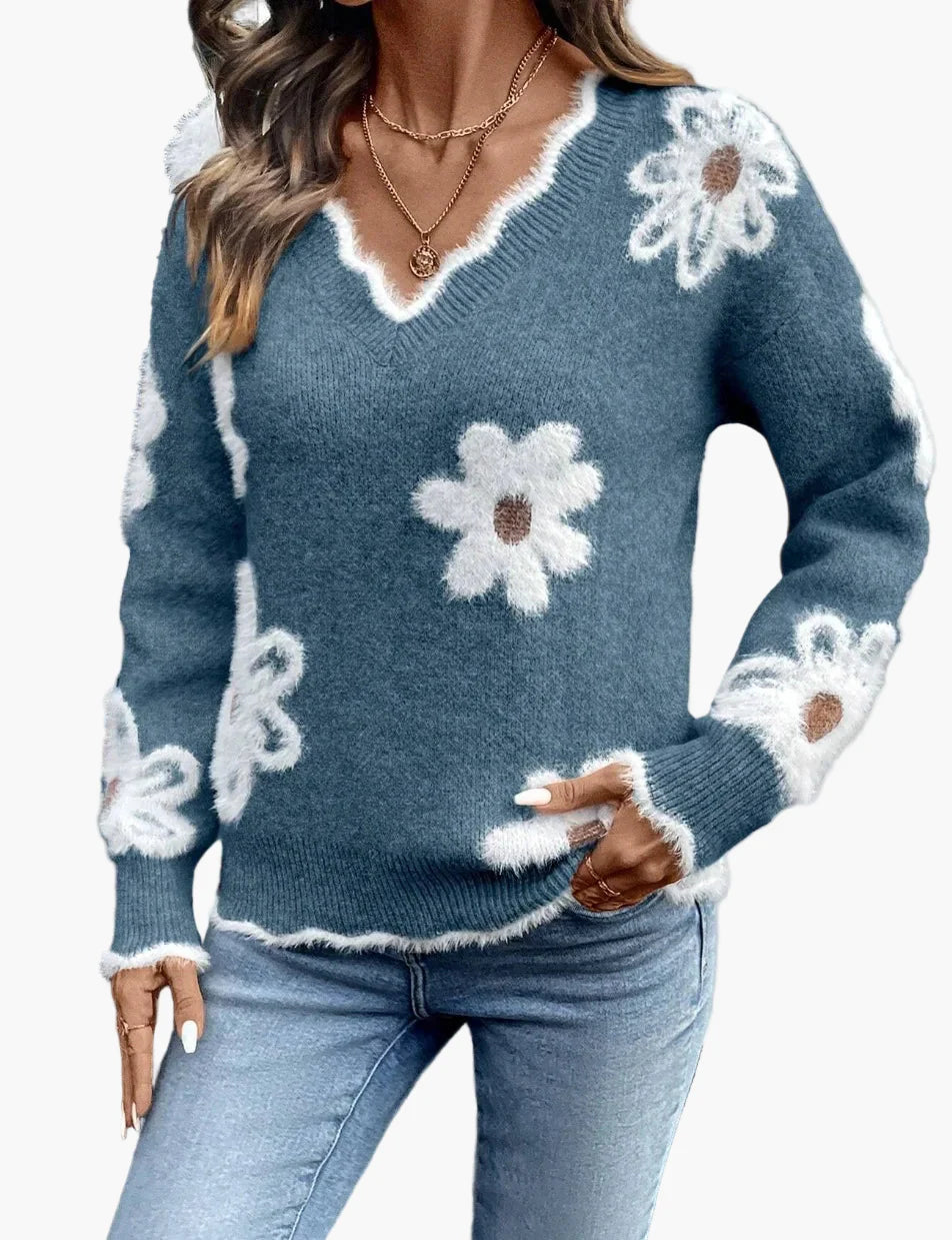 Damen Pullover mit Blumenmuster, modischer Strickpullover im lässigen Stil – ideal für Alltag und Freizeit