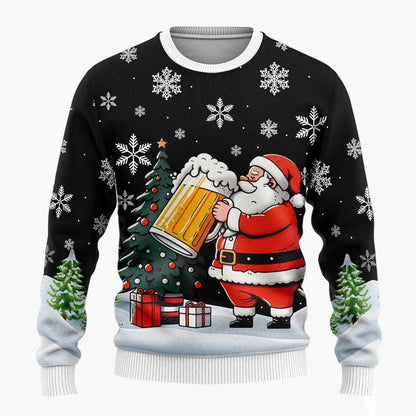 Herren Weihnachtspullover Lustig – Santa mit Bier, Ugly Christmas Sweater für Männer, Party & Festtage