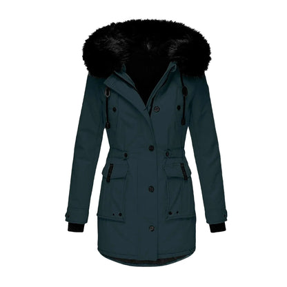 Damen Winterjacke Vintage Stil mit Kapuze und Fellkragen – Eleganter Mantel für Alltag & Freizeit