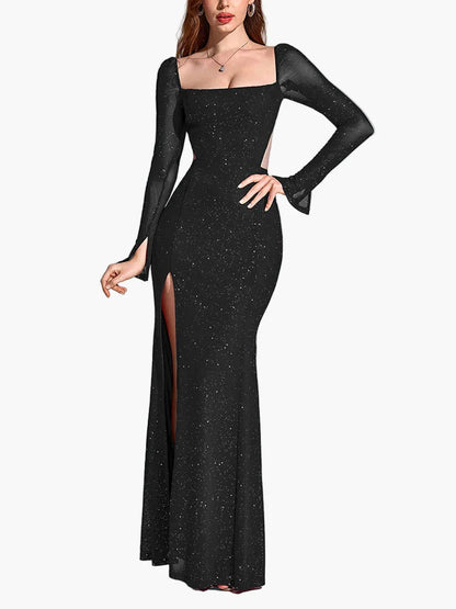 Damen Abendkleid mit Schlitz und Glitzer – Elegantes Maxikleid für festliche Anlässe