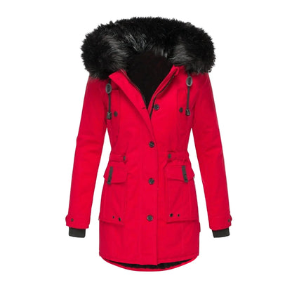 Damen Winterjacke Vintage Stil mit Kapuze und Fellkragen – Eleganter Mantel für Alltag & Freizeit