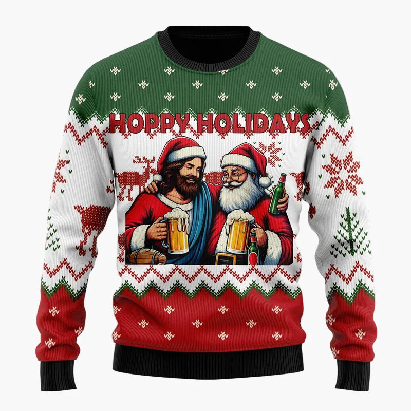 Herren Weihnachtspullover Lustig – Santa mit Bier, Ugly Christmas Sweater für Männer, Party & Festtage