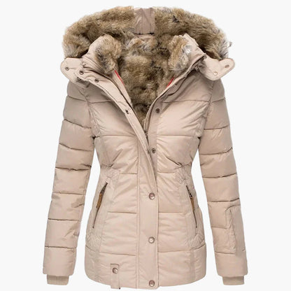 Damen Winter Steppjacke mit Kapuze und Kunstfell – Eleganter, taillierter Parka für kalte Tage