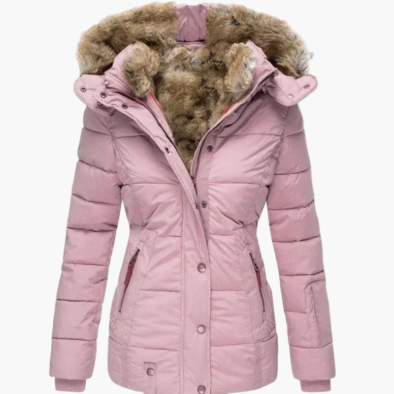 Damen Winter Steppjacke mit Kapuze und Kunstfell – Eleganter, taillierter Parka für kalte Tage