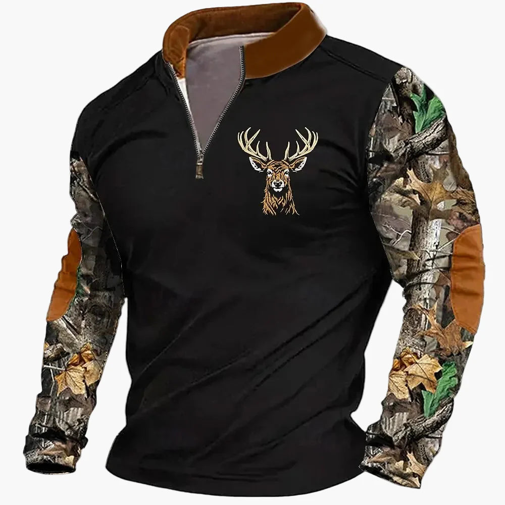 Herren Outdoor Sweatshirt mit Hirsch-Print und Reißverschluss – Freizeit & Jagd Pullover