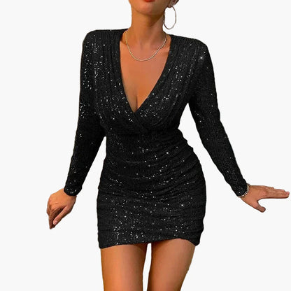 Damen Partykleid mit Pailletten und tiefem V-Ausschnitt – Elegantes Minikleid für festliche Anlässe und Clubbing