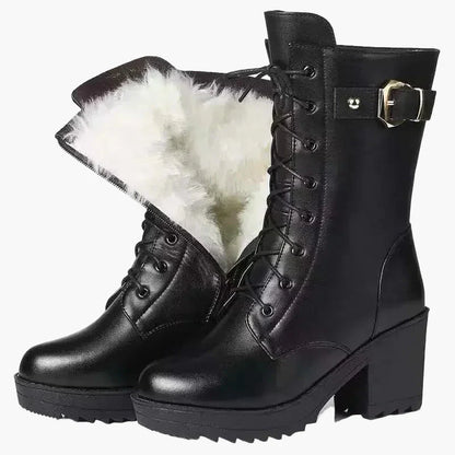 Damen Winter Stiefeletten mit Absatz und Schnürung, Warm Gefüttert, Modisch und Komfortabel