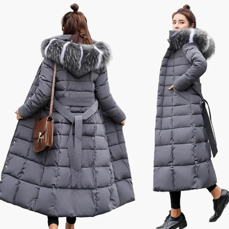 Damen Winter Steppmantel mit Kapuze und Fellkragen – Eleganter langer Mantel im koreanischen Stil für Alltag & Freizeit