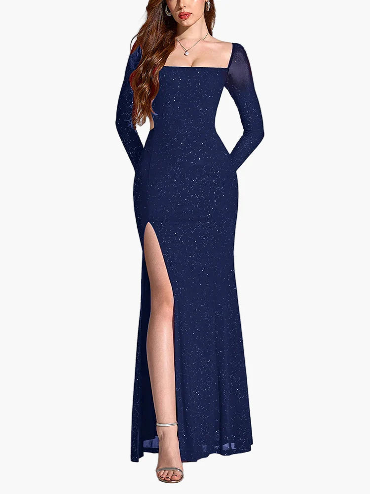 Damen Abendkleid mit Schlitz und Glitzer – Elegantes Maxikleid für festliche Anlässe