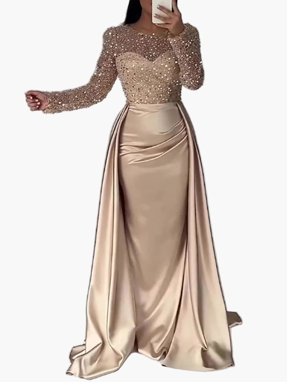 Damen Abendkleid Elegant Langarm Glitzer Pailletten Party- und Ballkleid