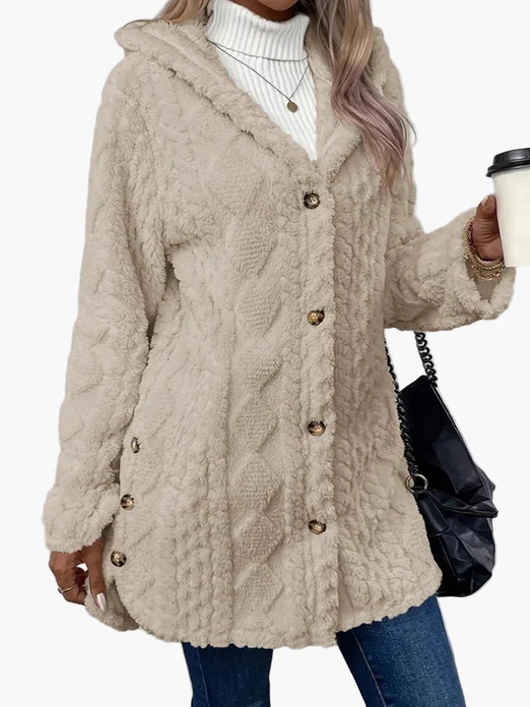 Damen Kuscheljacke mit Kapuze und Knopfdetails – Modischer Wintermantel für Alltag und Freizeit
