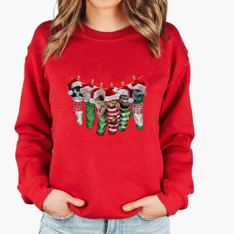 Damen Weihnachts-Sweatshirt mit Katze und Lichterkette – Lustiger Winter Pullover für Alltag & Feiertage