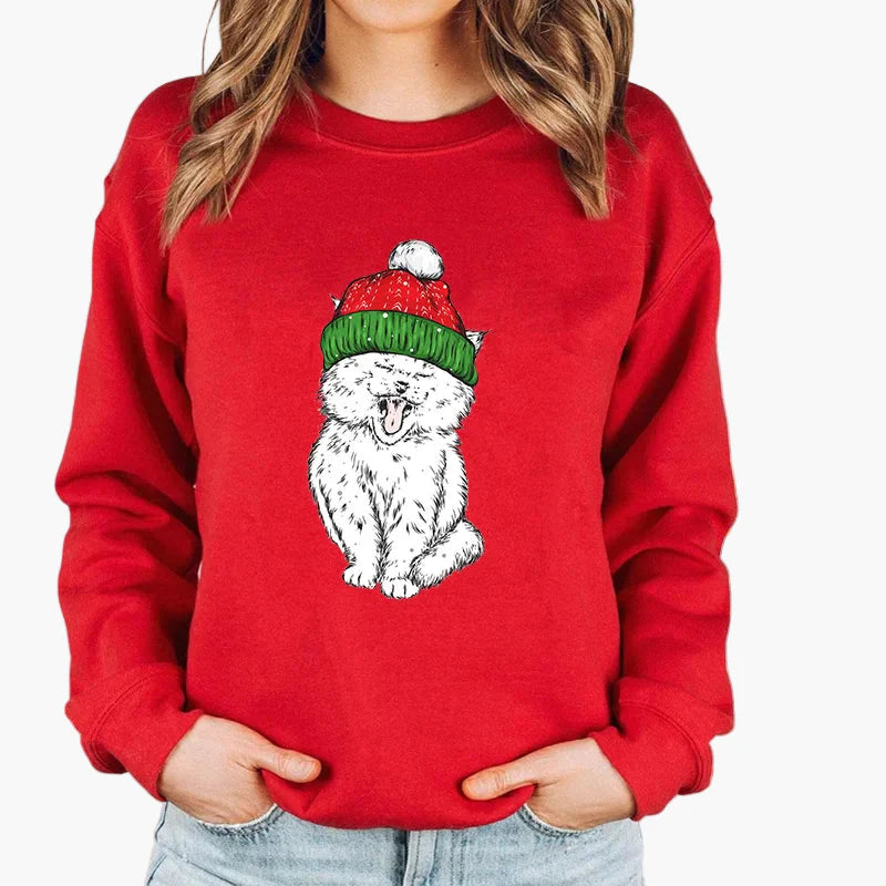 Damen Weihnachts-Sweatshirt mit Katze und Lichterkette – Lustiger Winter Pullover für Alltag & Feiertage