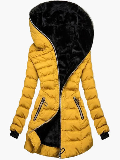 Damen Winter Steppjacke mit großer Kapuze und asymmetrischem Reißverschluss – Modischer Outdoor Mantel