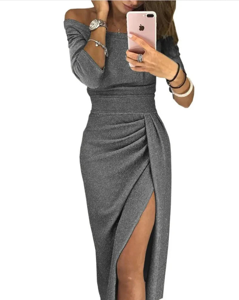 Damen Off-Shoulder Abendkleid Elegant mit hohem Schlitz – Figurbetontes Cocktailkleid für besondere Anlässe