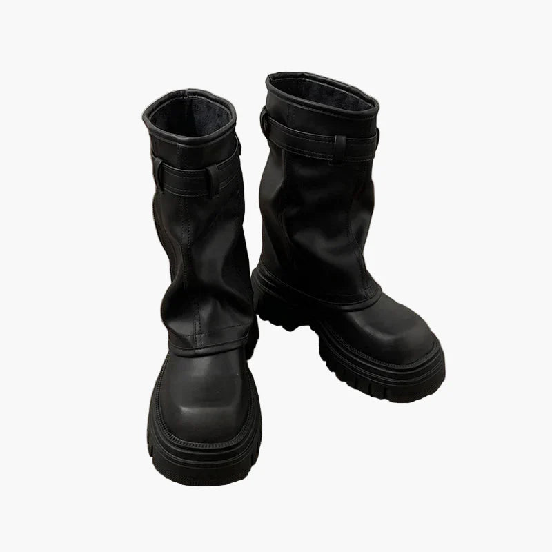 Damen Plateau Stiefel mit Reißverschluss und Schnalle – Trendige Mid-Calf Boots für Herbst & Winter