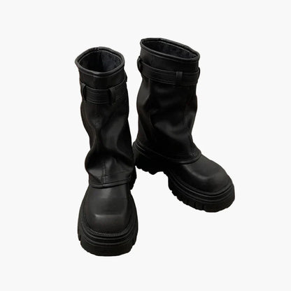 Damen Plateau Stiefel mit Reißverschluss und Schnalle – Trendige Mid-Calf Boots für Herbst & Winter