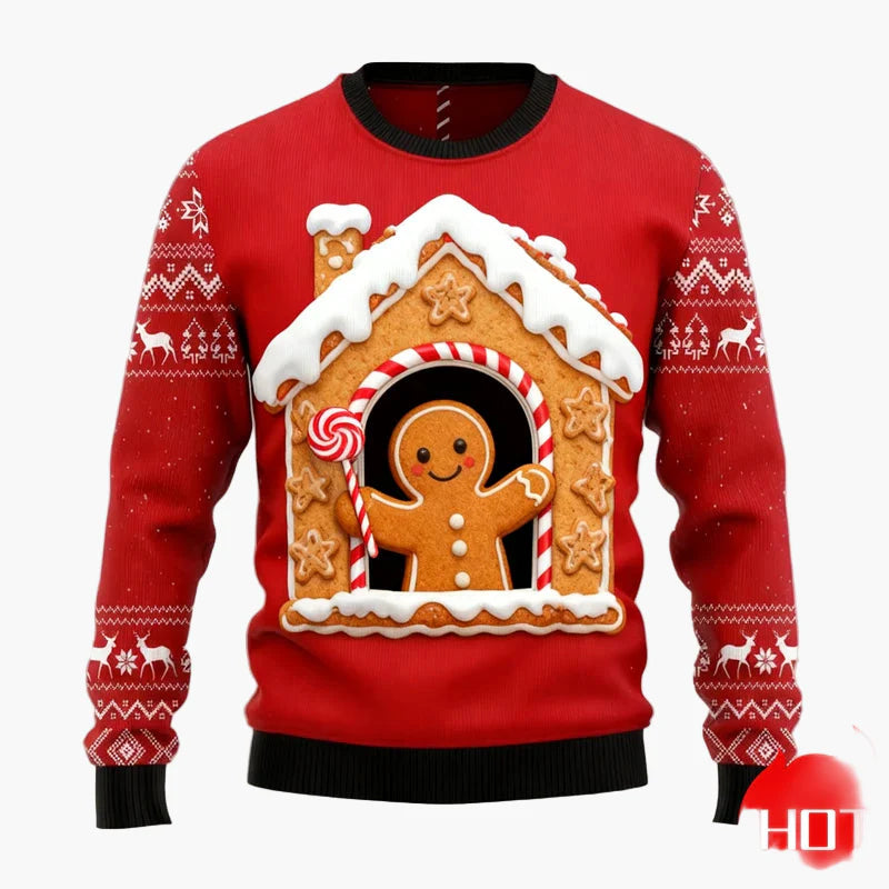 Herren Weihnachtspullover mit Lebkuchenmann, Lebkuchenhaus und Weihnachtsbaum – Lustiger Festlicher Ugly Christmas Sweater