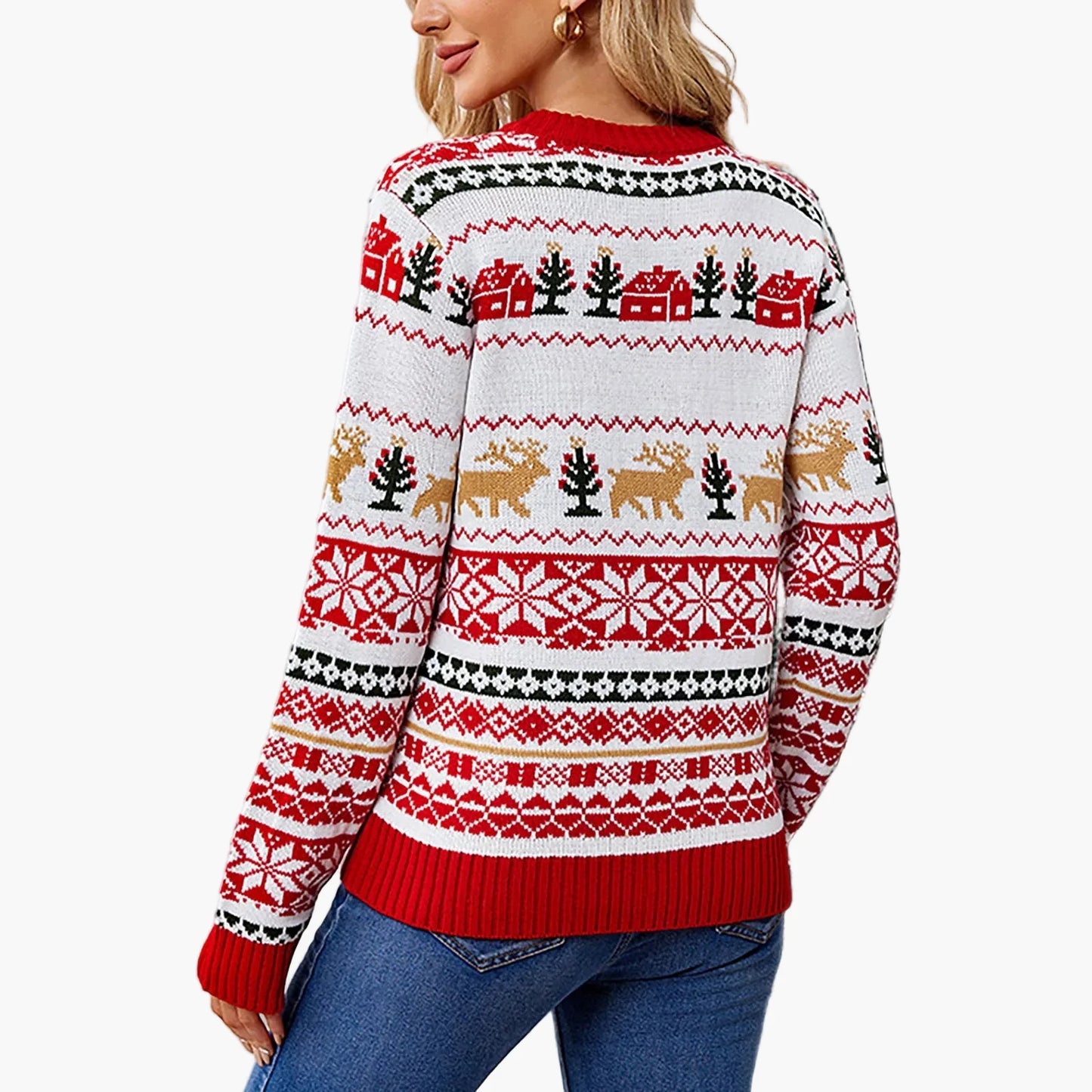 Damen Weihnachtspullover Rundhals Langarm Winter Festlich Norwegerstil