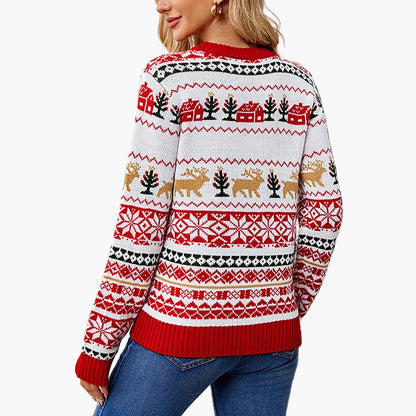 Damen Weihnachtspullover Rundhals Langarm Winter Festlich Norwegerstil