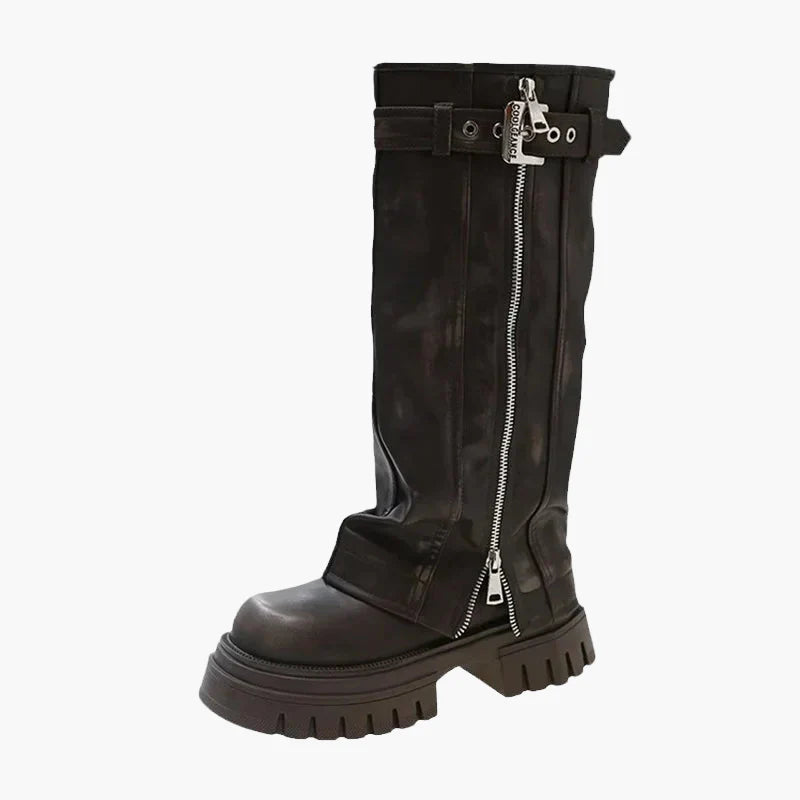 Damen Plateau-Stiefel mit Reißverschluss und Schnalle – Trendige Chunky Boots für Herbst und Winter