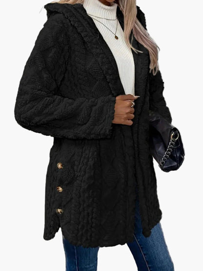Damen Kuscheljacke mit Kapuze und Knopfdetails – Modischer Wintermantel für Alltag und Freizeit