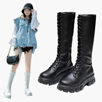 Damen Plateau-Schnürstiefel im Gothic Punk Stil – Modische hohe Stiefel für Alltag und Festival