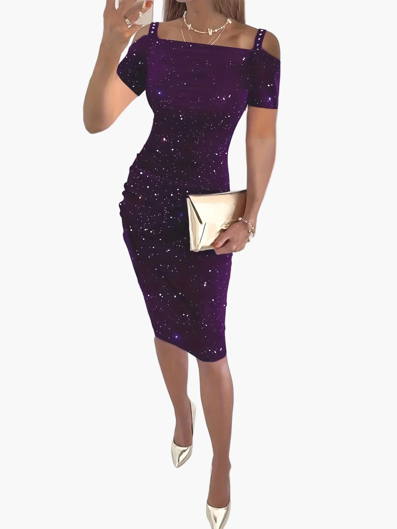 Damen Schulterfreies Partykleid mit funkelndem Sternenmuster – Elegantes, figurbetontes Abendkleid für besondere Anlässe