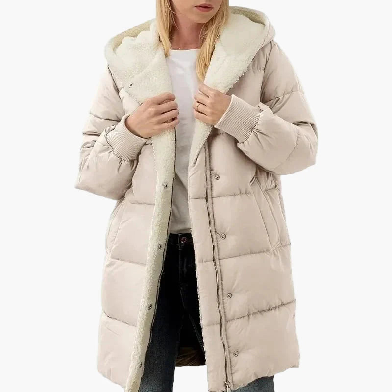 Damen Winter Steppmantel mit Kapuze, Langer Puffer-Jacke, Alltag & Freizeit