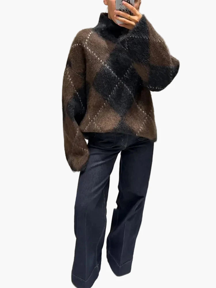 Damen Oversize Pullover im Karo-Design für stilvolle Herbst- und Winterlooks