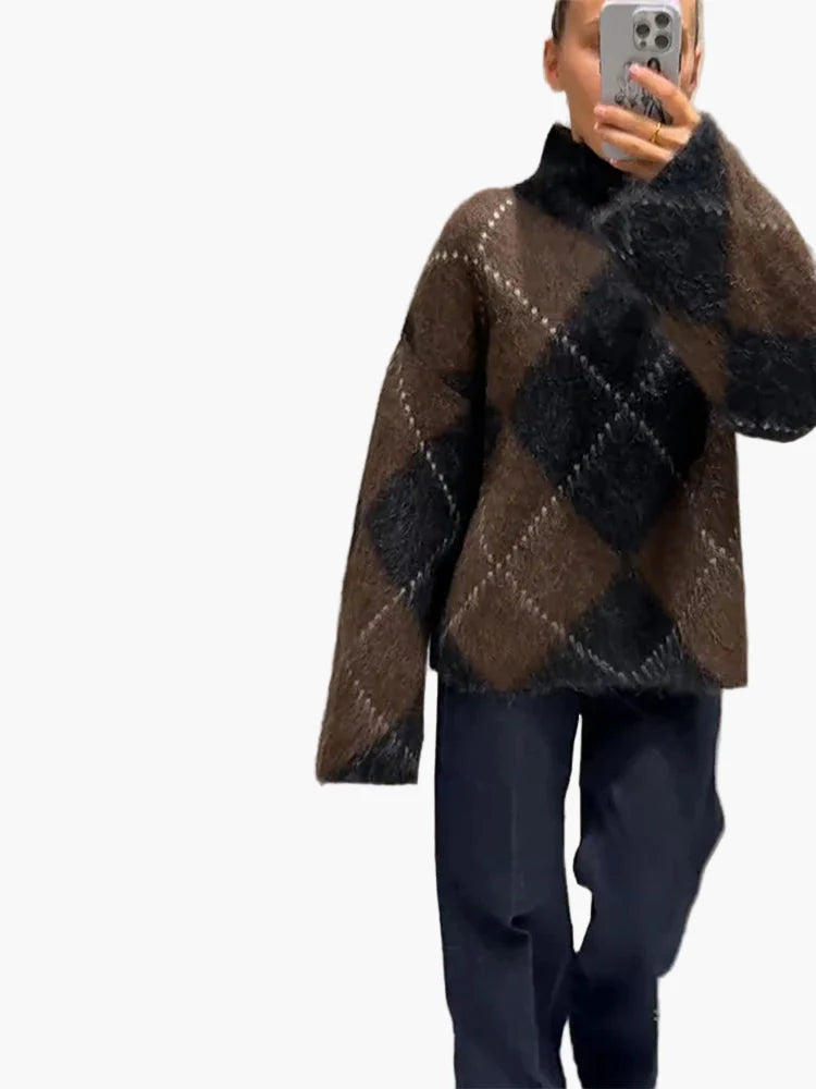 Damen Oversize Pullover im Karo-Design für stilvolle Herbst- und Winterlooks