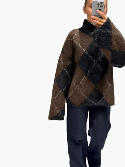 Damen Oversize Pullover im Karo-Design für stilvolle Herbst- und Winterlooks