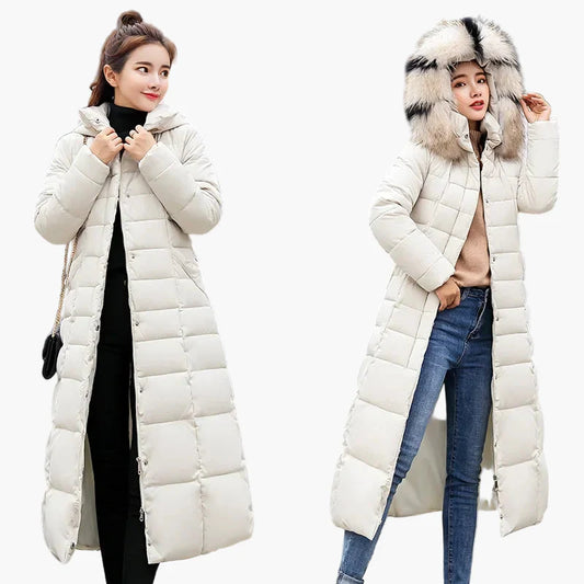 Damen Winter Steppmantel mit Kapuze und Fellkragen – Eleganter langer Mantel im koreanischen Stil für Alltag & Freizeit
