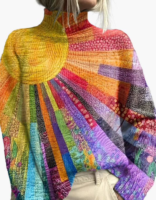 Damen Langarm-Shirt mit künstlerischem Patchwork-Design und Rollkragen – Modisches Statement für Alltag und Freizeit