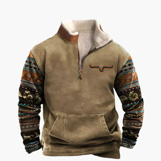 Herren Vintage Fleece Pullover mit Ethno-Ärmeln und halbem Reißverschluss – Outdoor & Freizeit