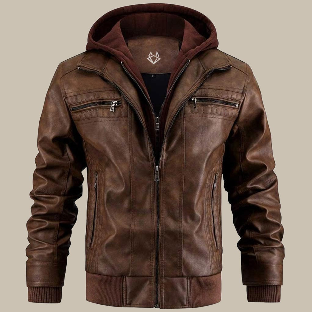 Herren Urban Streetwear Kunstlederjacke mit abnehmbarer Kapuze – Modernes Design für Alltag & Freizeit