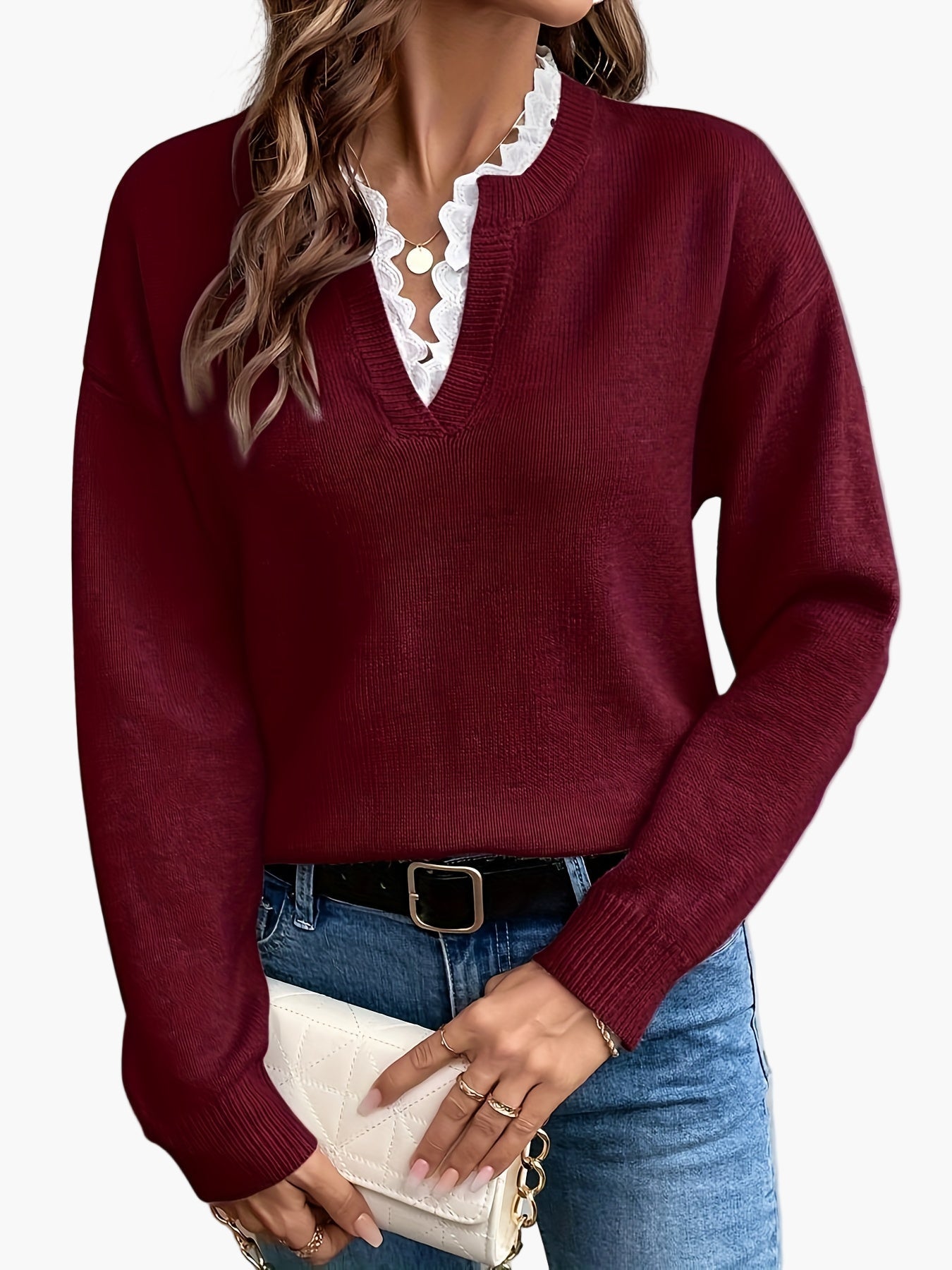 Damen Elegant Pullover mit V-Ausschnitt und Rüschenkragen – Perfekt für Alltag & Büro