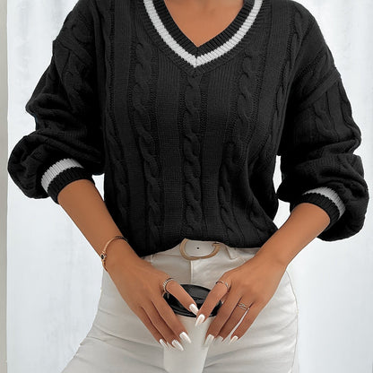 Damen Pullover im eleganten Zopfmuster mit V-Ausschnitt – Perfekt für Alltag und Büro