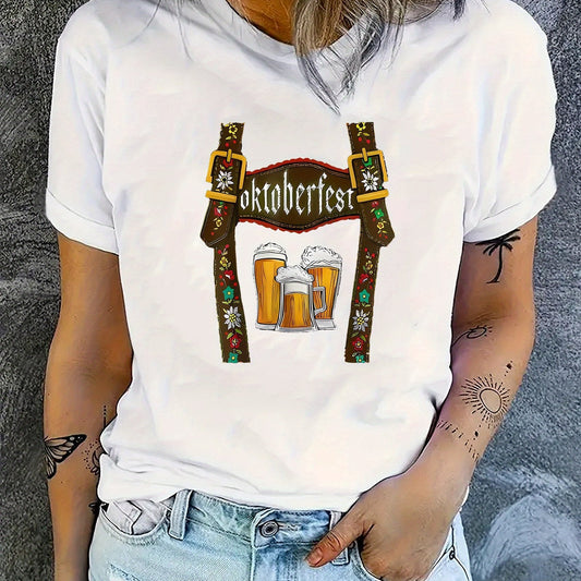 Damen Oktoberfest T-Shirt mit Bier Print – Lockeres Festivalshirt für Volksfeste & Partys
