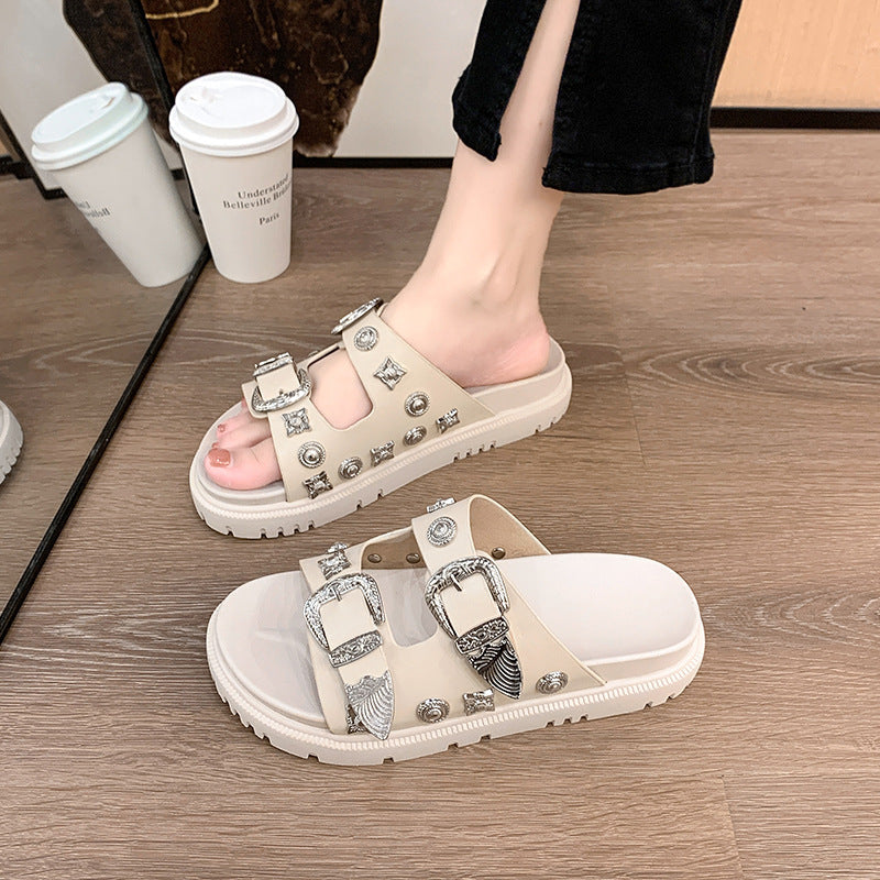 Wendy – Modische Plus-Size Python Leopard Nieten Slipper