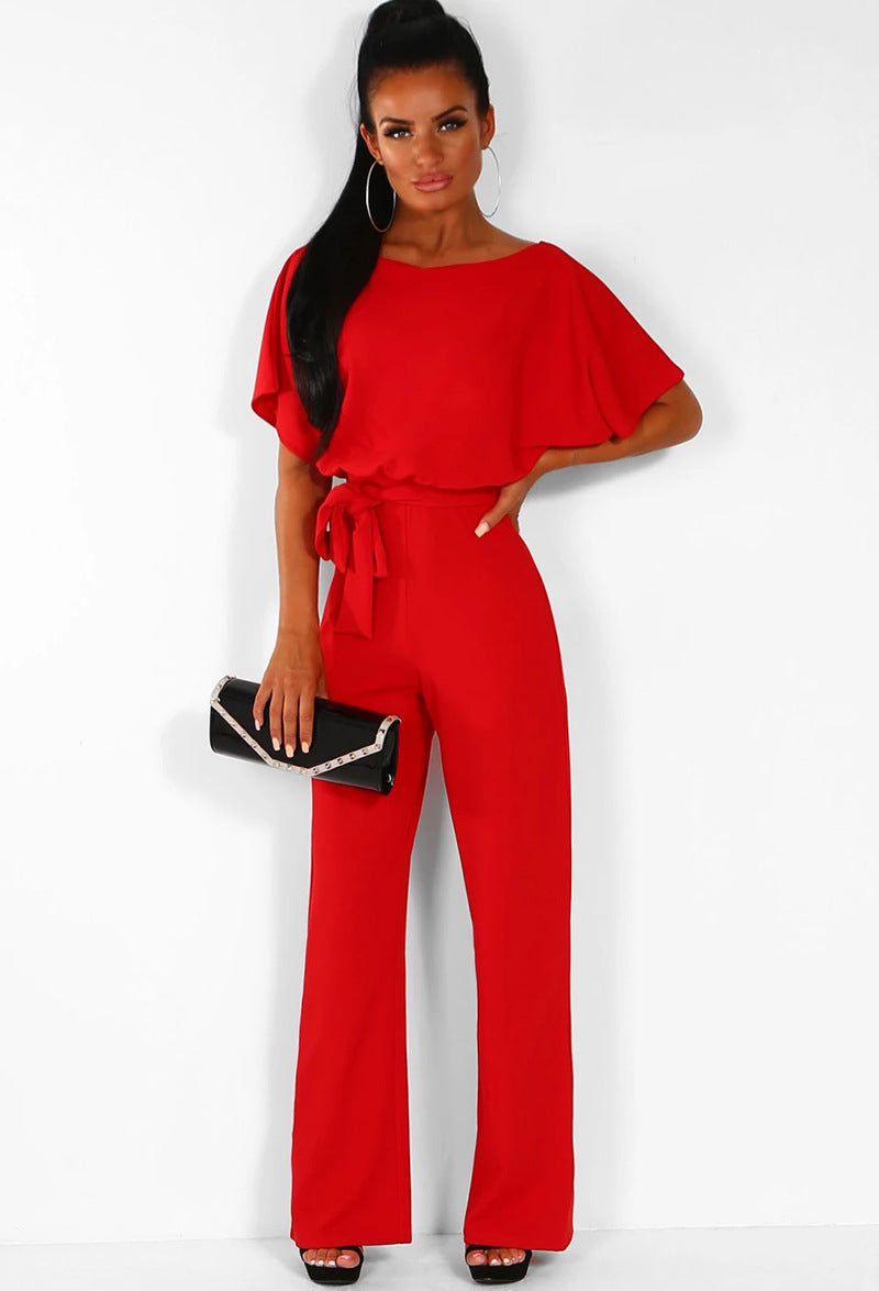 Kathryn – Modischer Kurzarm-Jumpsuit mit Schnürung und Knopf in 7 Farben