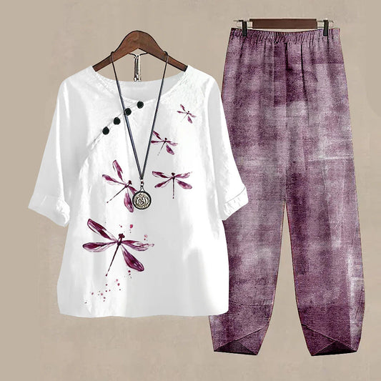 Damen Freizeit Zweiteiler Set – Lockeres Oberteil mit Libellen-Print und Asiatisch Inspirierten Hosen, Modisch für Alltag und Urlaub