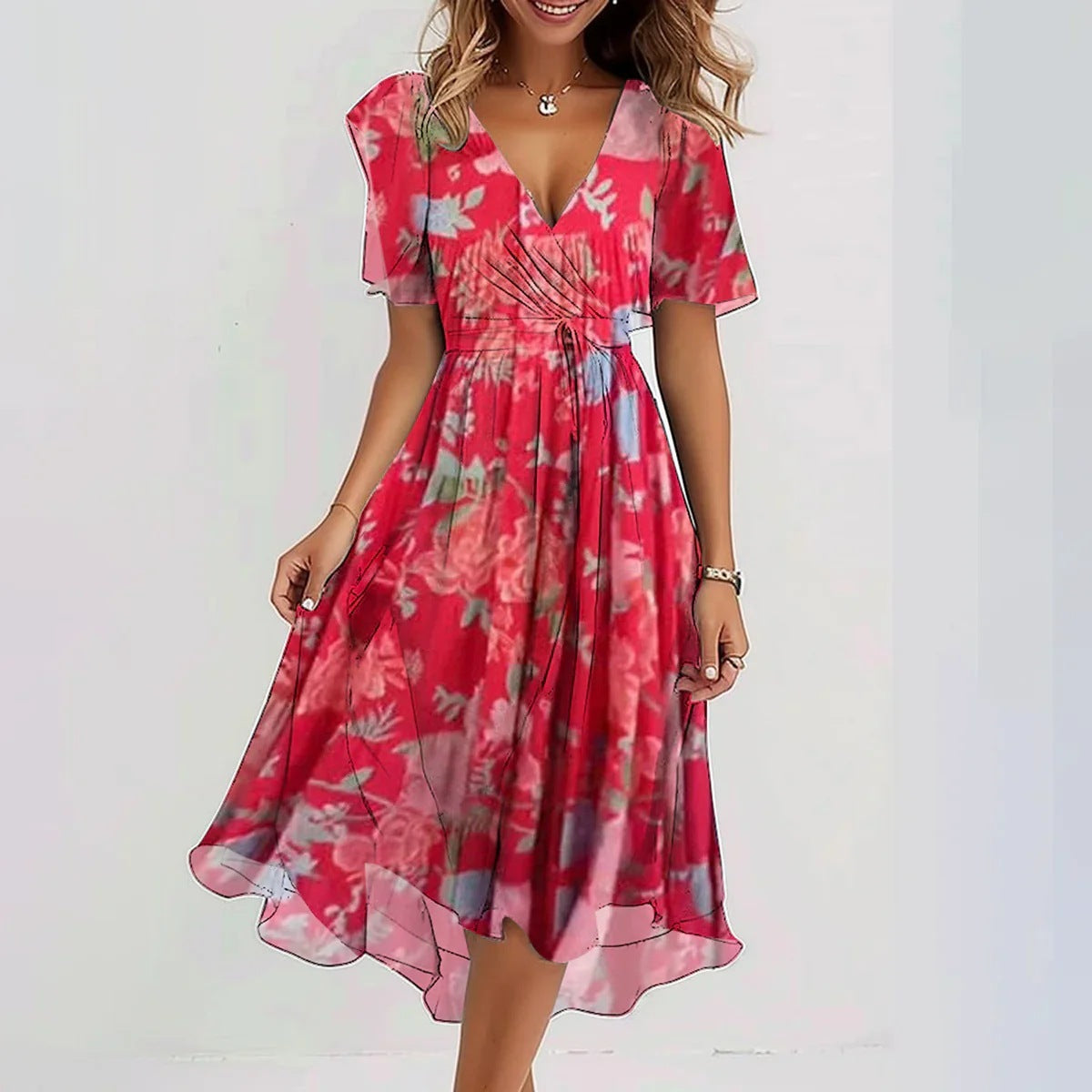 Luftiges Sommerkleid Damen – Wickelkleid mit Blumenmuster und V-Ausschnitt – Midi Kleid für Urlaub, Strand & Freizeit